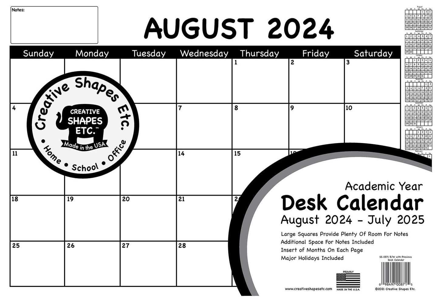 SHAPES ETC. Academic Year Desk Calendar- Set of 2 Black & White with Previews Desk Calendars