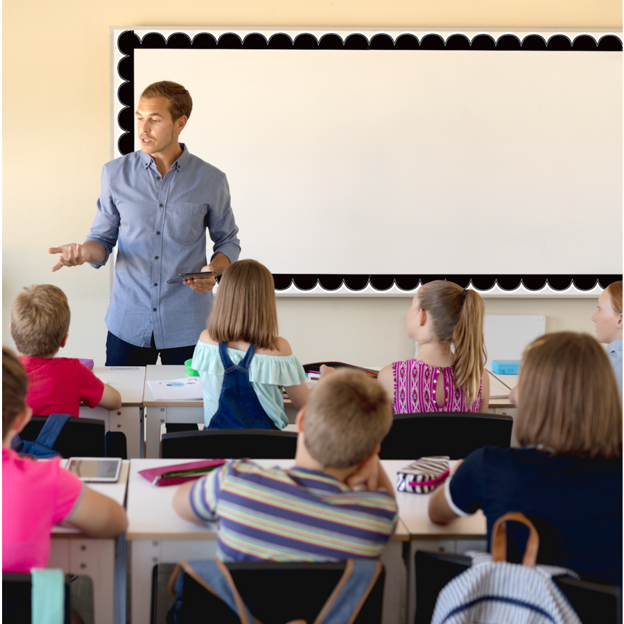 Teacher Created Resources Black with White Scalloped Die-Cut Border Trim,12 Pieces, 2 3/16'' x 35'' (TCR 3953)