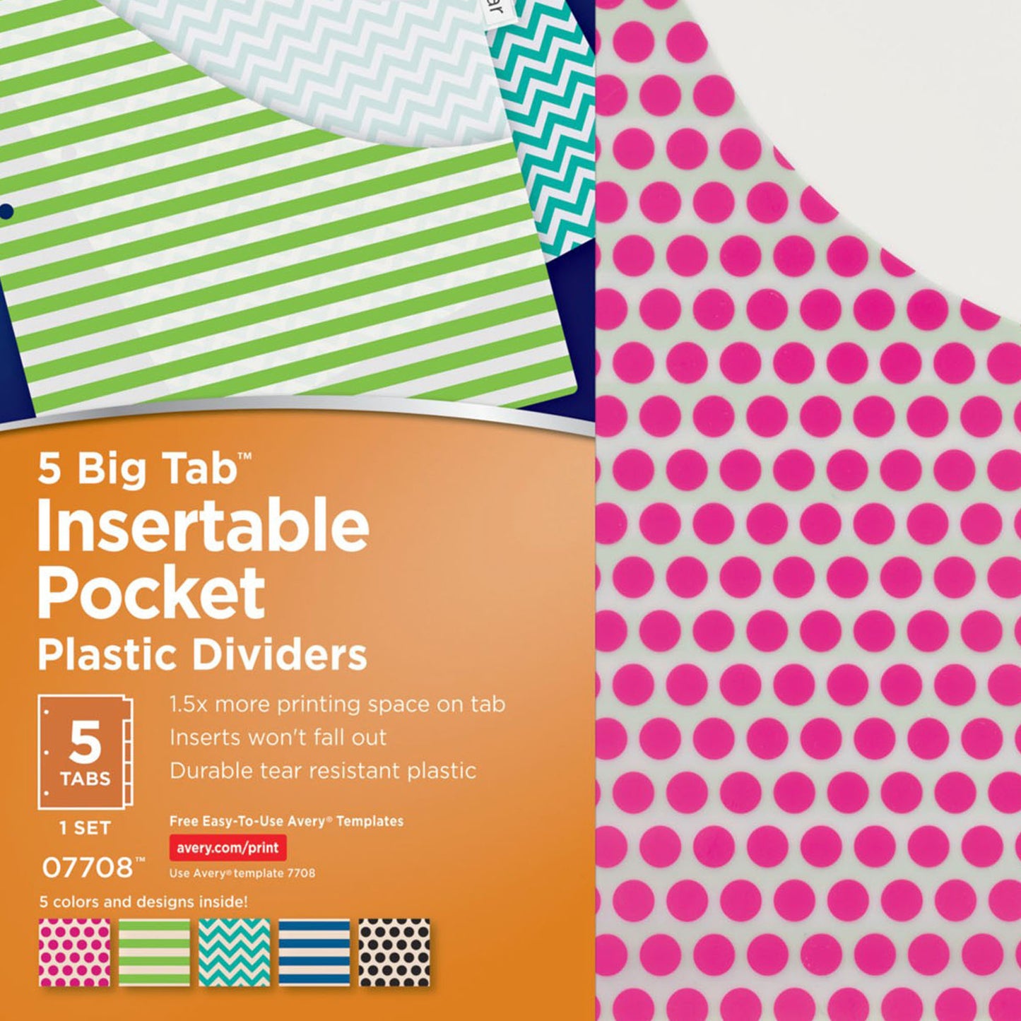 Big Tab™ Insertable Plastic Dividers with Pockets, 5-Tab Set, Assorted Designs, 6 Sets