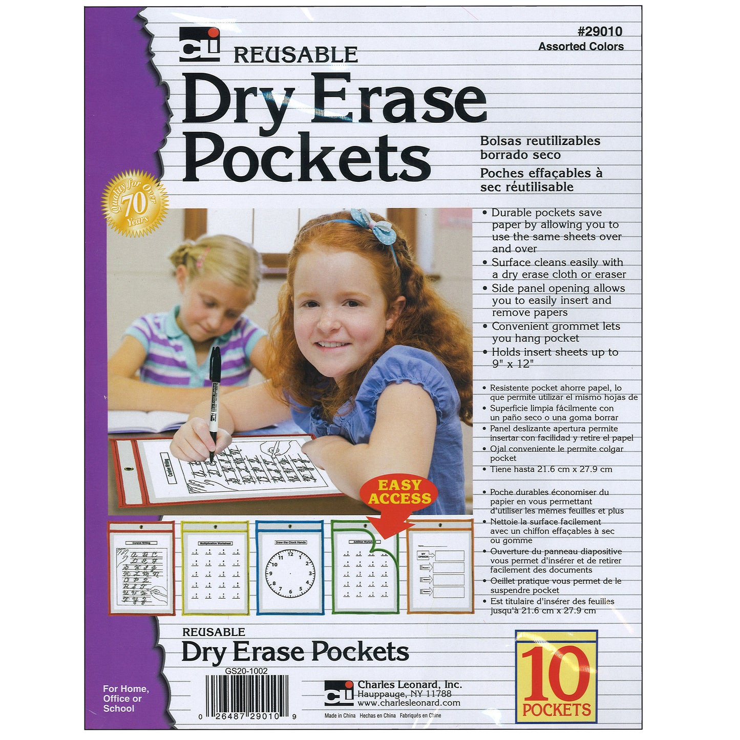 Charles Leonard Reusable Dry Erase Pockets, 10 Pack (CHL 29010)