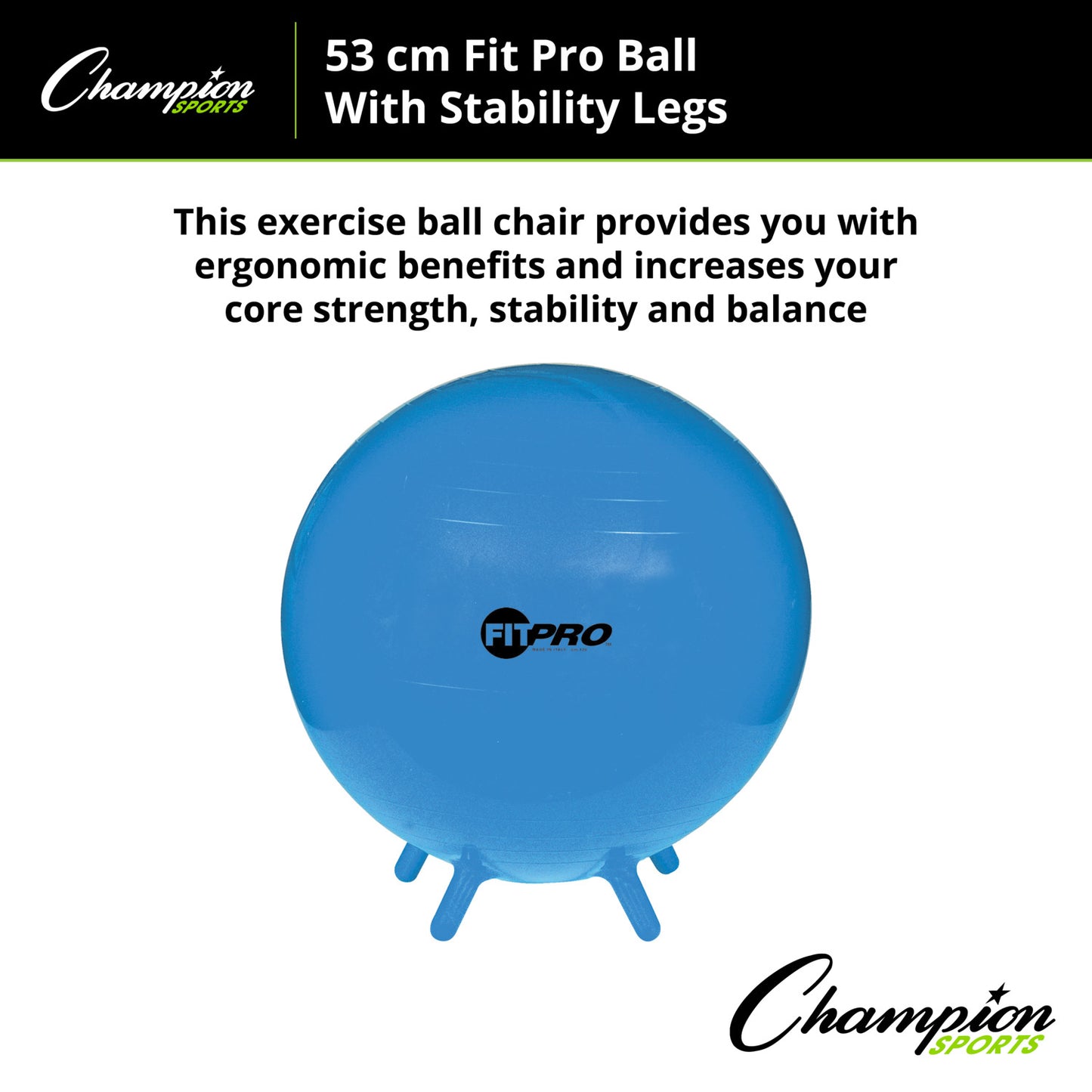 Champion Sports Fitbro Ball, Stability Legs, Blue, 55 cm, Grade 3 and up (CHSBL55)