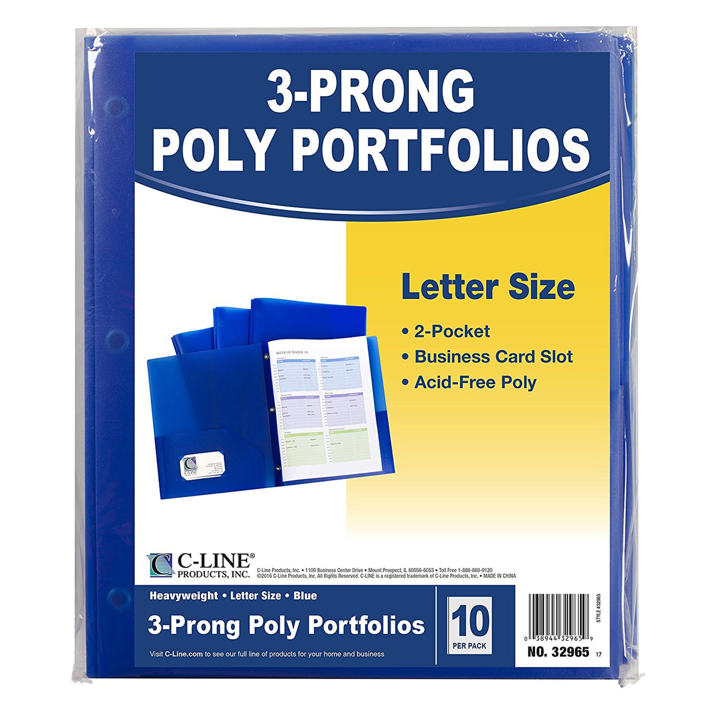 C-Line Two Pocket Poly Portfolios with Prongs, Blue, 10 Pack (CLI 32965)
