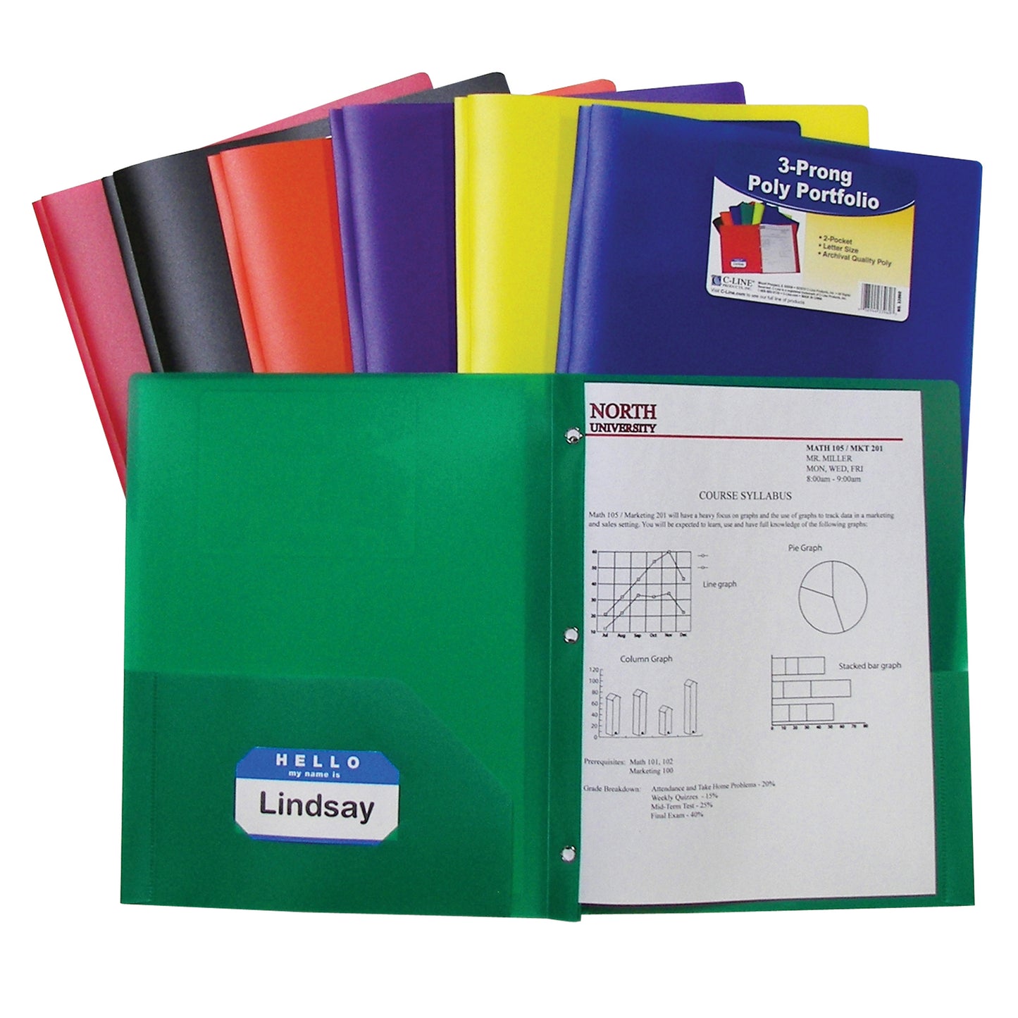 C-Line Two Pocket Poly Portfolios with Prongs, Assorted, Box of 36 (CLI 33960)