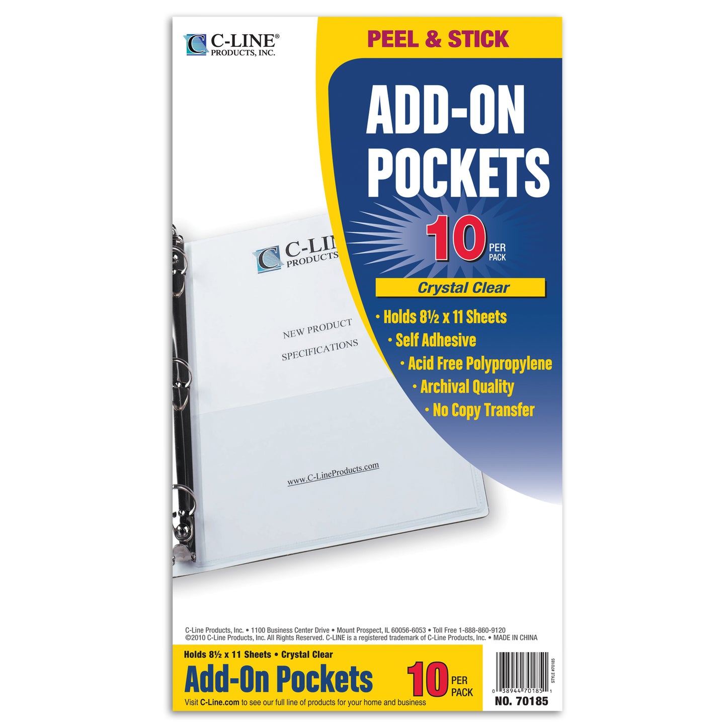 Add-On Filing Pocket, 8-3/4" x 5-1/8", 10 Per Pack, 5 Packs