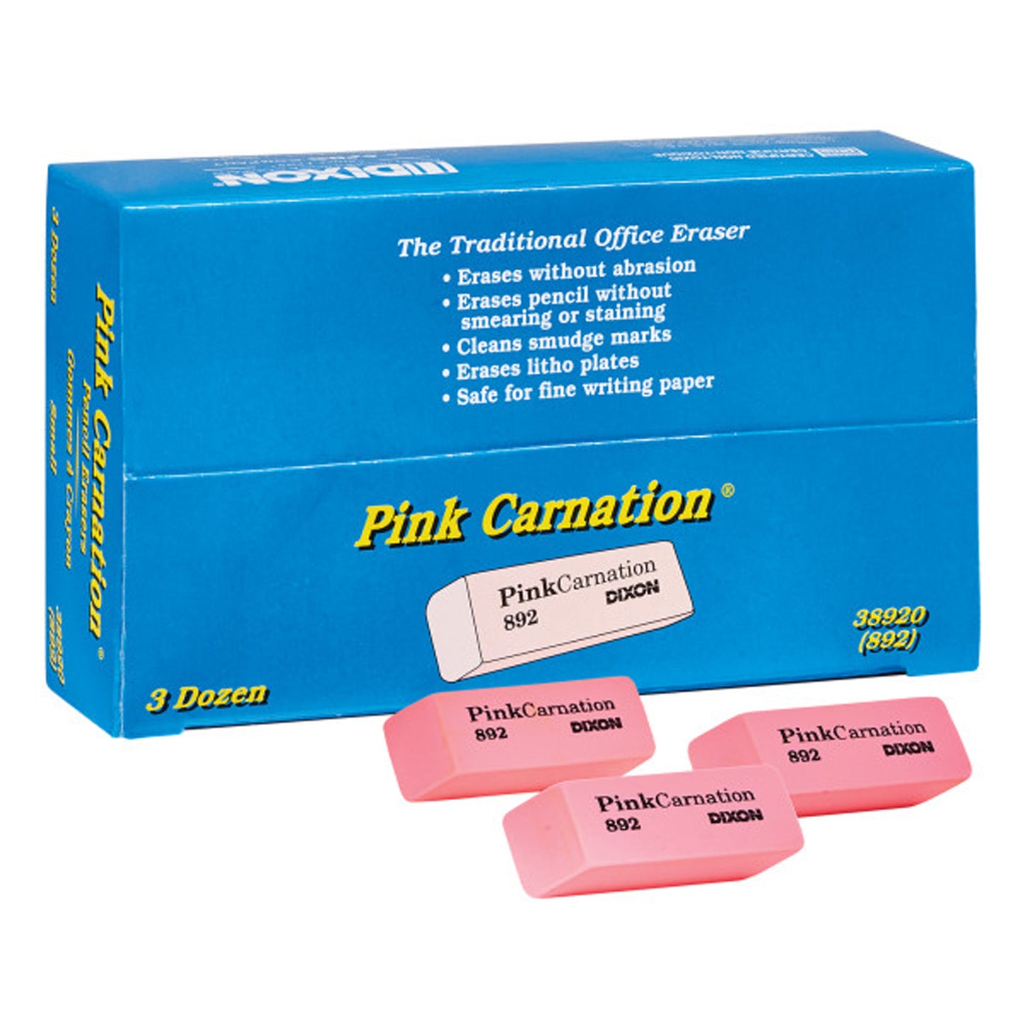 Dixon Pink Carnation Erasers, Small, 36 Pack (DIXX 38920)