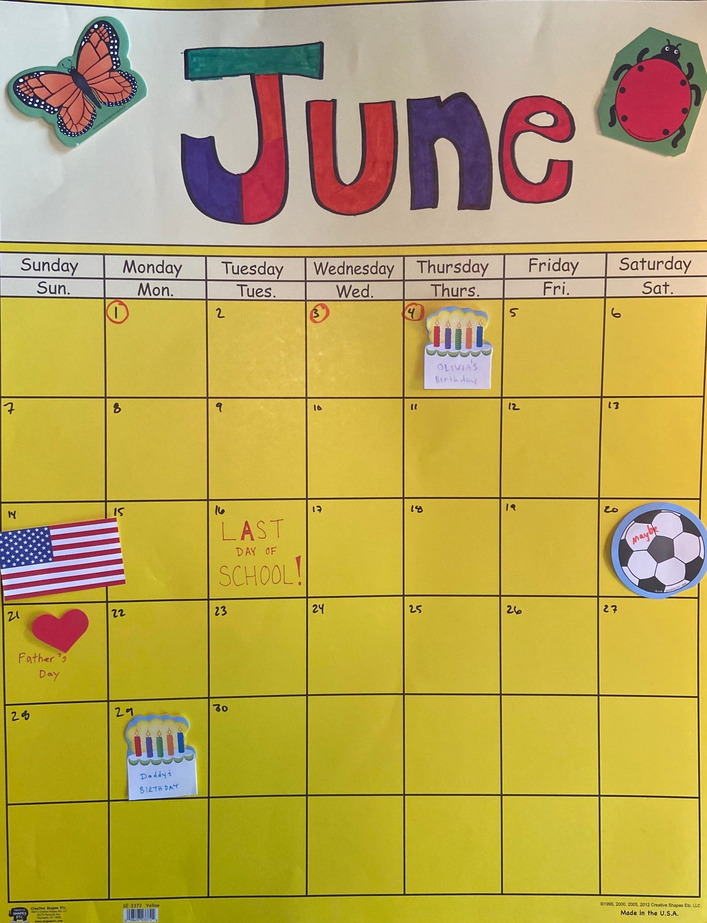 SHAPES ETC. Vertical Calendar - Yellow