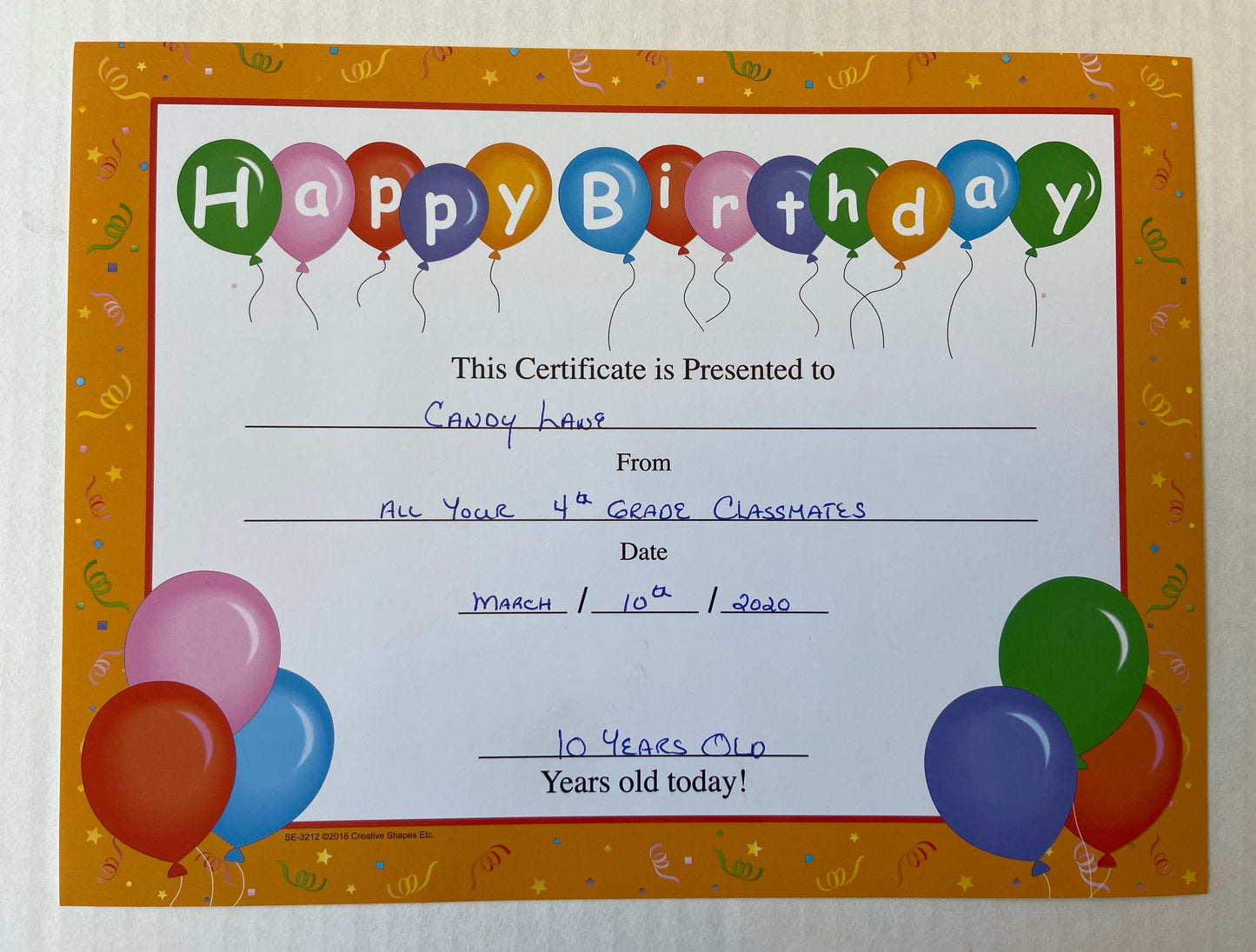 SHAPES ETC. Recognition Certificate - Birthday