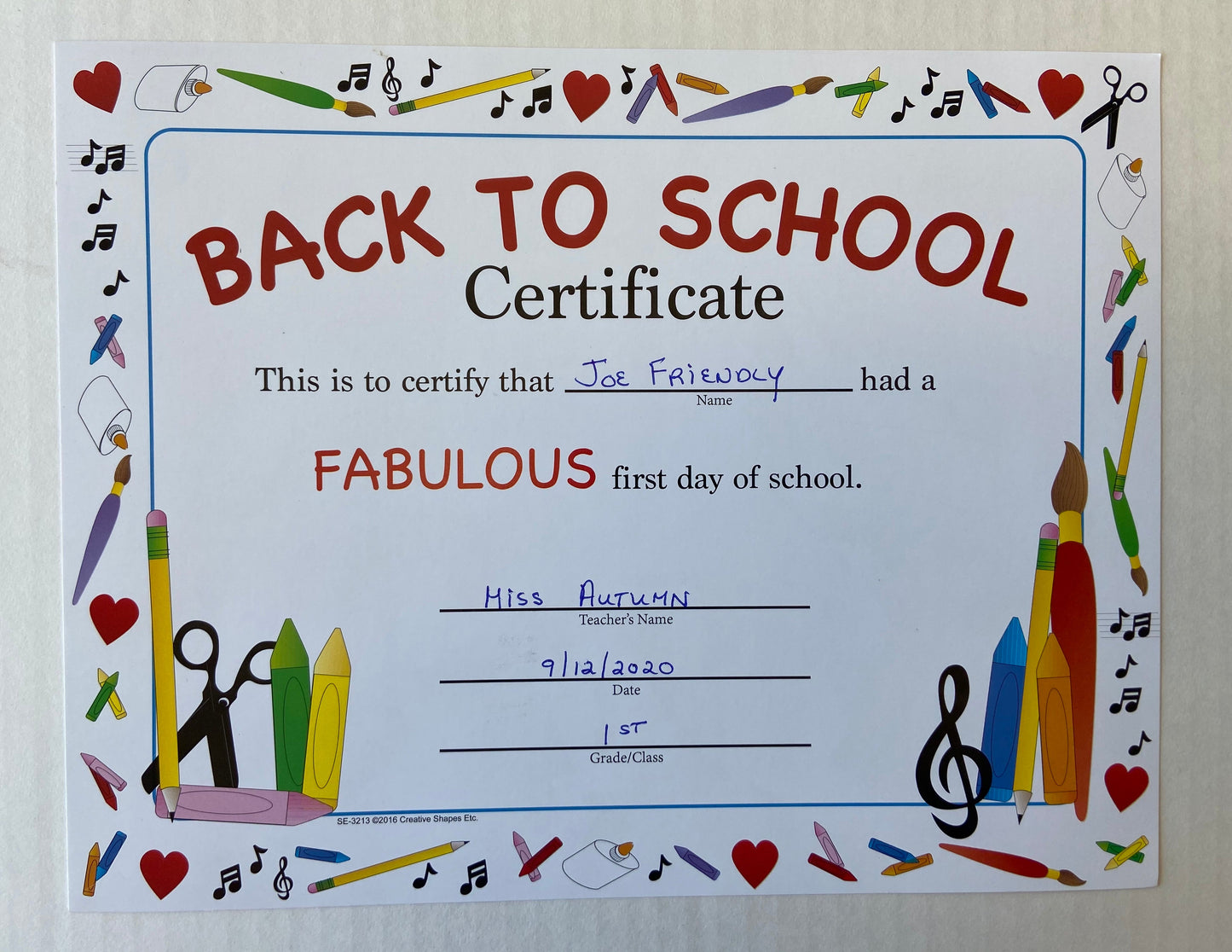 SHAPES ETC. Recognition Certificate - Welcome Back to School