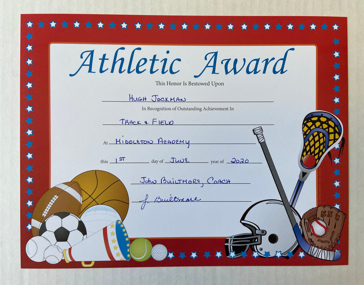 SHAPES ETC. Recognition Certificate - Athletic Award
