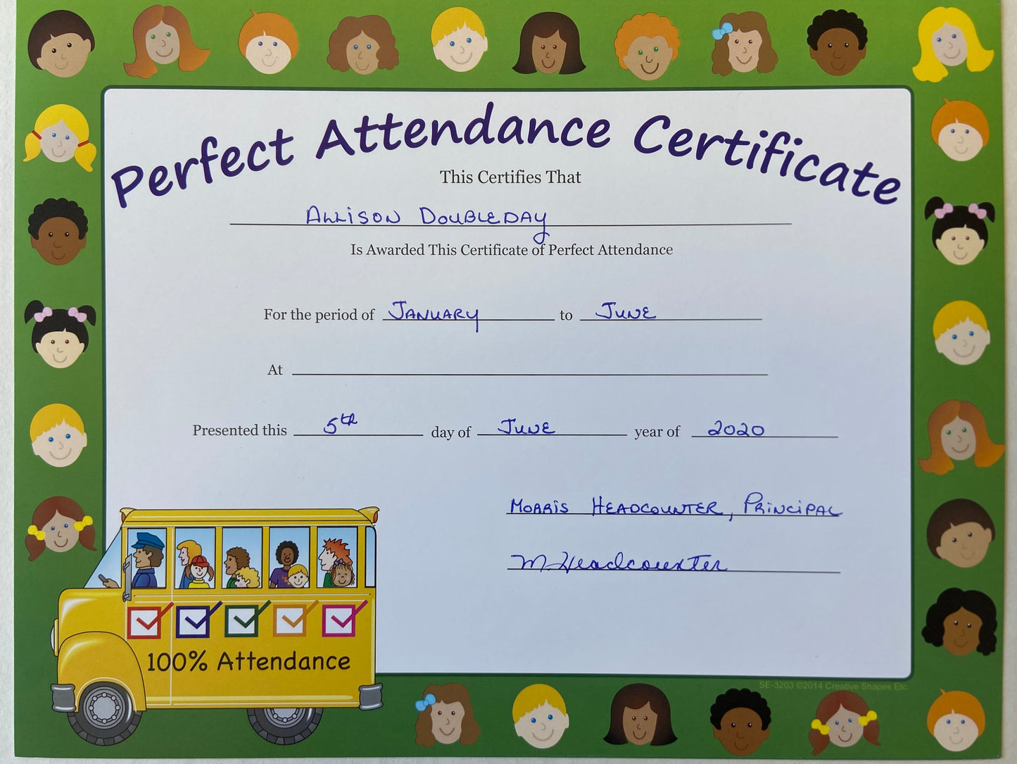 SHAPES ETC. Recognition Certificate - Perfect Attendance