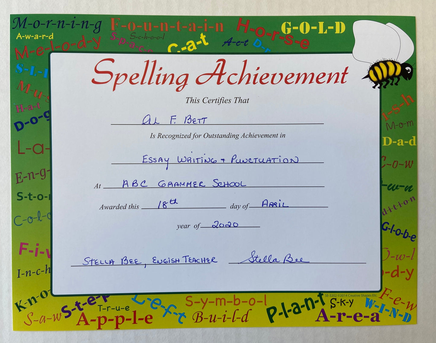 SHAPES ETC. Recognition Certificate - Spelling Achievement