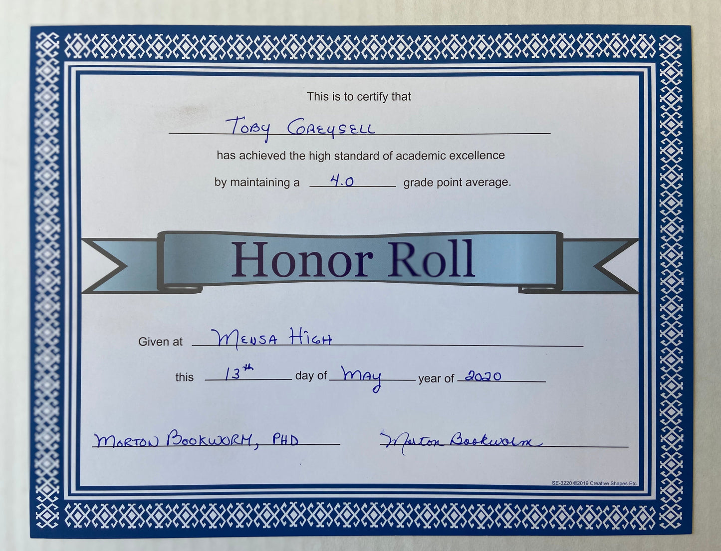 SHAPES ETC. Recognition Certificate - Honor Roll Certificate