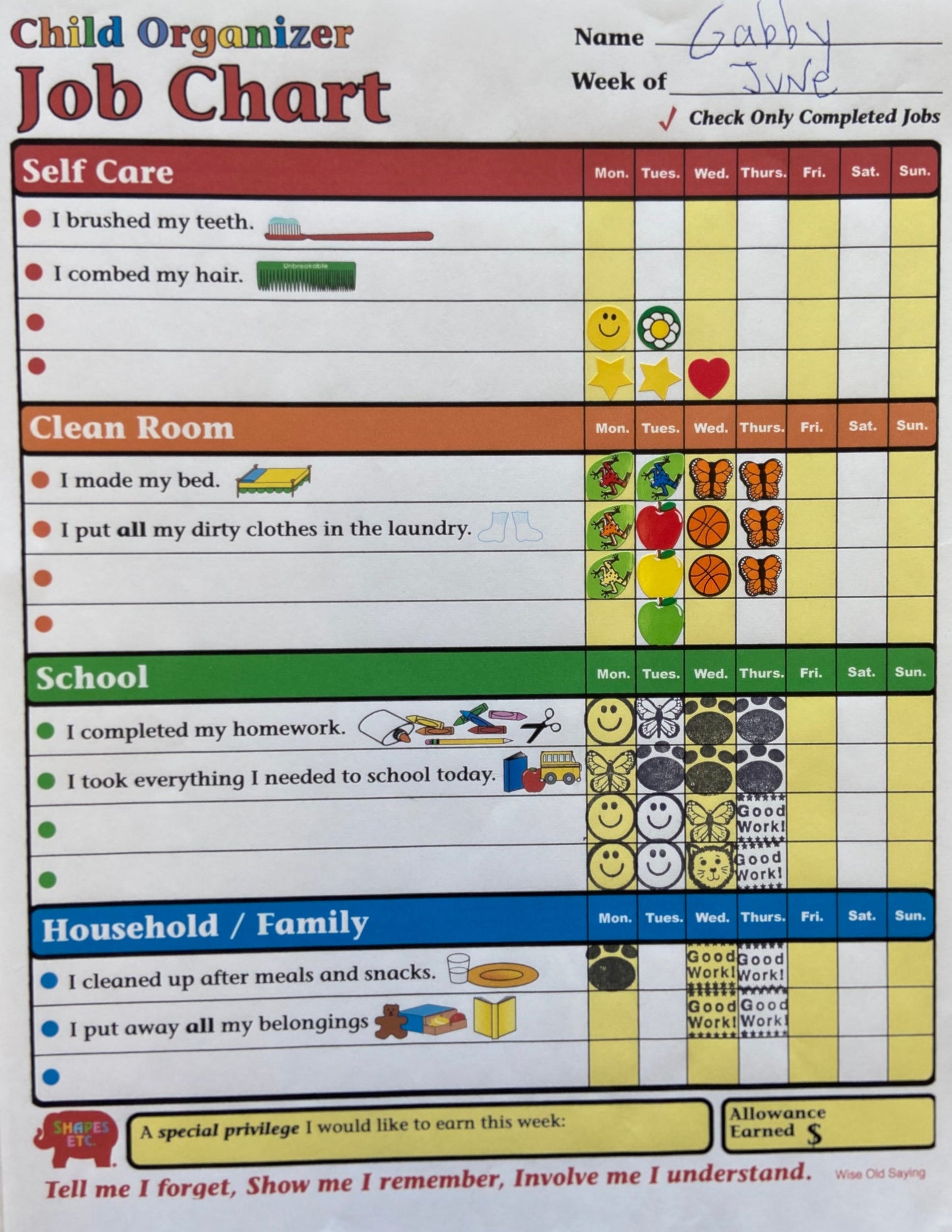 SHAPES ETC. Job Chart - Child Organizer
