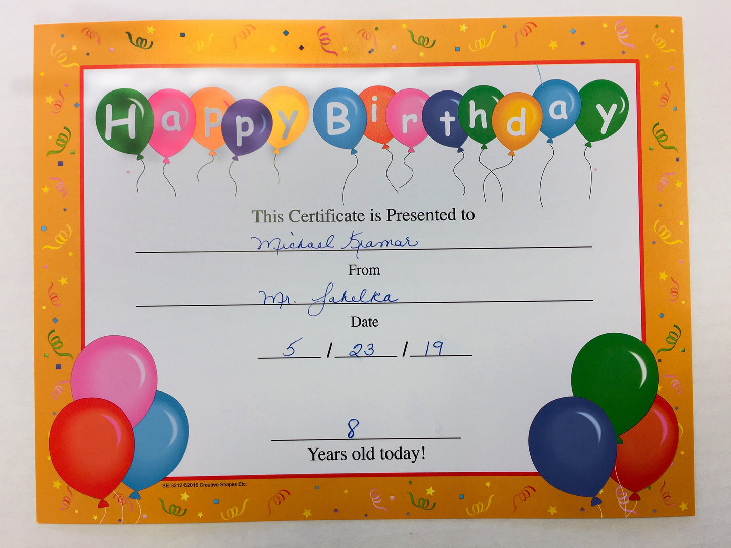 SHAPES ETC. Recognition Certificate - Birthday