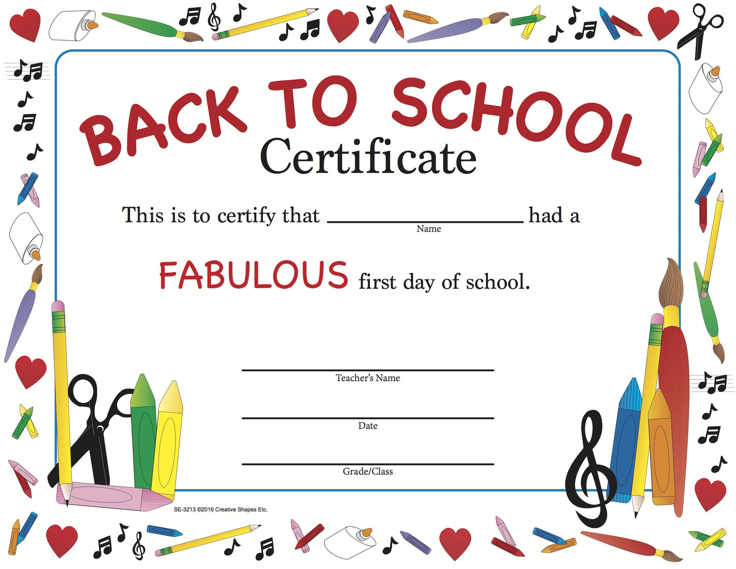 SHAPES ETC. Recognition Certificate - Welcome Back to School