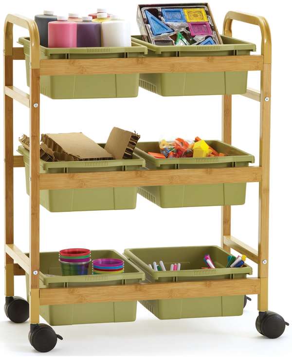 Copernicus Small Bamboo Book Browser Cart with Tubs, Sage, 6 Tubs (CEPBB007-6-S)