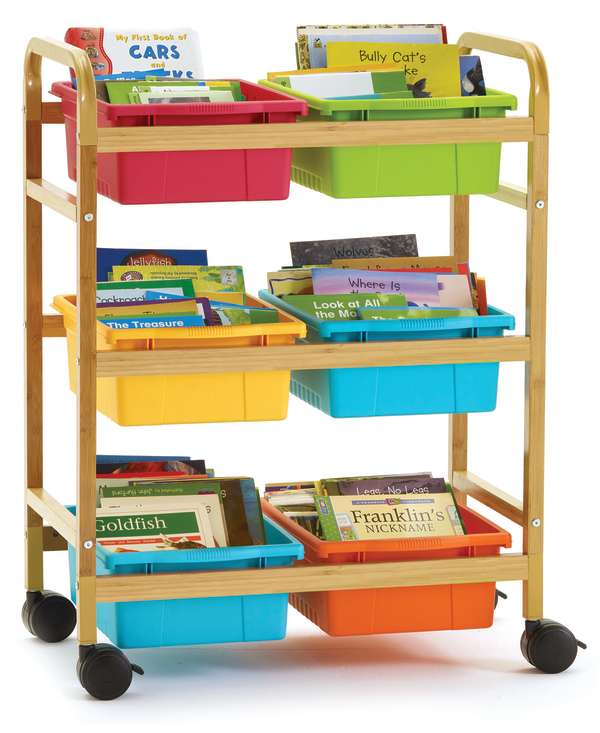 Copernicus Small Bamboo Book Browser Cart with Tubs, Vibrant, 6 Tubs (CEPBB007-6-VM)