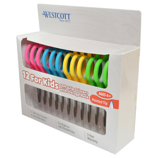 Westcott Pointed Scissors Soft Handle & Storage Rack, 5 Inch, 12 Pack (ACM 15972)