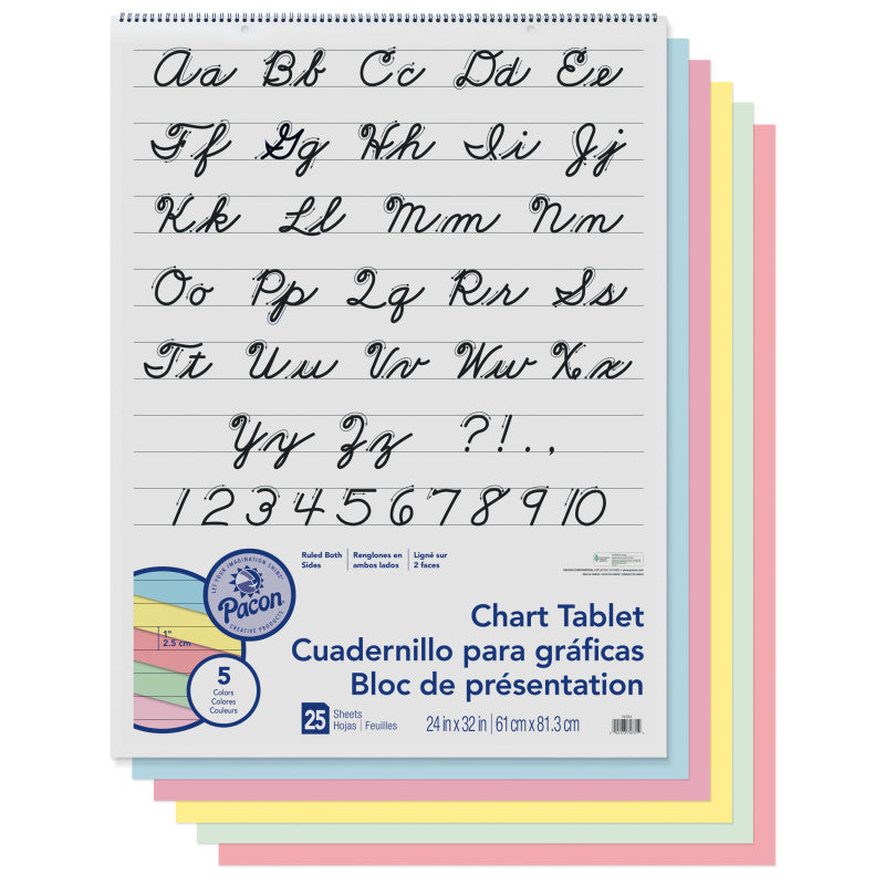 Dixon 1 Inch Ruled Cursive Cover Assorted Colors Chart Tablet, 25 Count, 24 x 32 (PAC 74731)