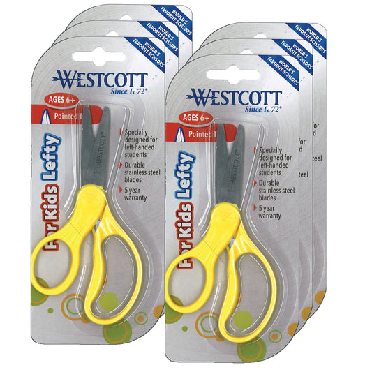 5" Lefty Hard Handle Kids Scissors, Pointed, Assorted Colors, Pack of 6