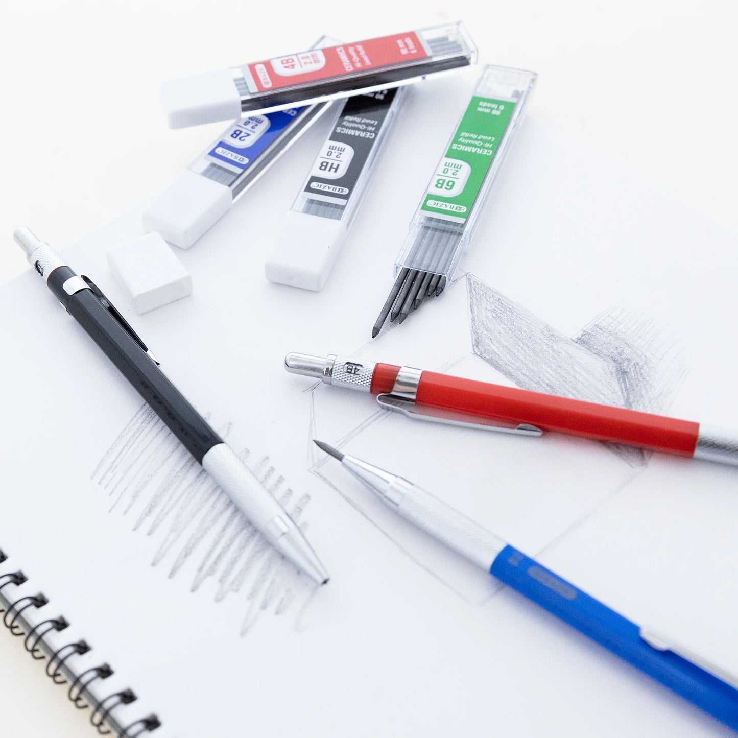 2.0 mm Mechanical Pencil with HB, 2B, 4B & 6B Lead, Assorted Barrel Color, Pack of 3