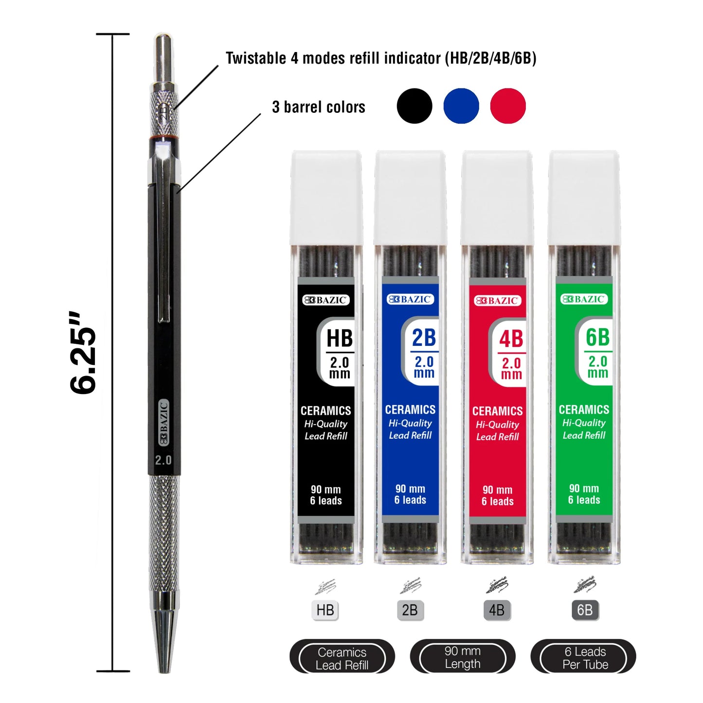 2.0 mm Mechanical Pencil with HB, 2B, 4B & 6B Lead, Assorted Barrel Color, Pack of 3