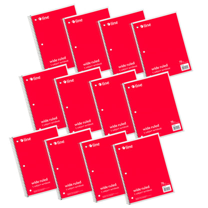 1-Subject Notebook, 70 Page, Wide Ruled, Red, Pack of 12