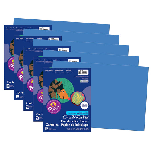 Construction Paper Blue, 12" x 18", 50 Sheets Per Pack, 5 Packs