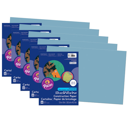 Construction Paper Sky Blue, 12" x 18", 50 Sheets Per Pack, 5 Packs
