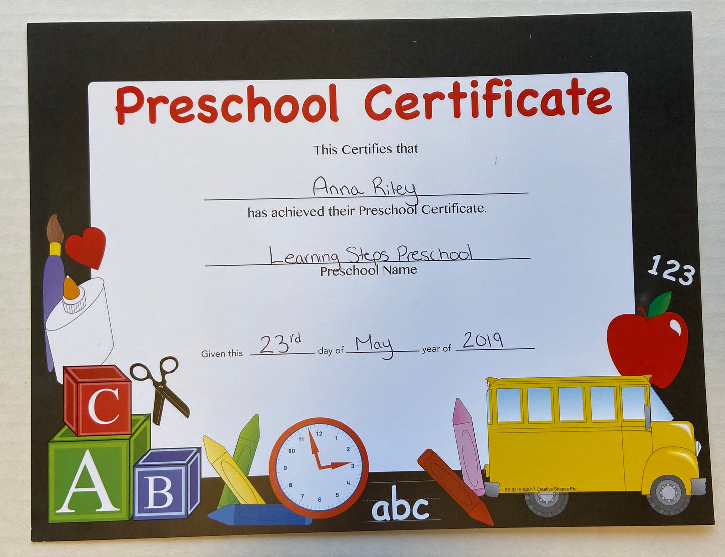 SHAPES ETC. Recognition Certificate - Preschool Certificate