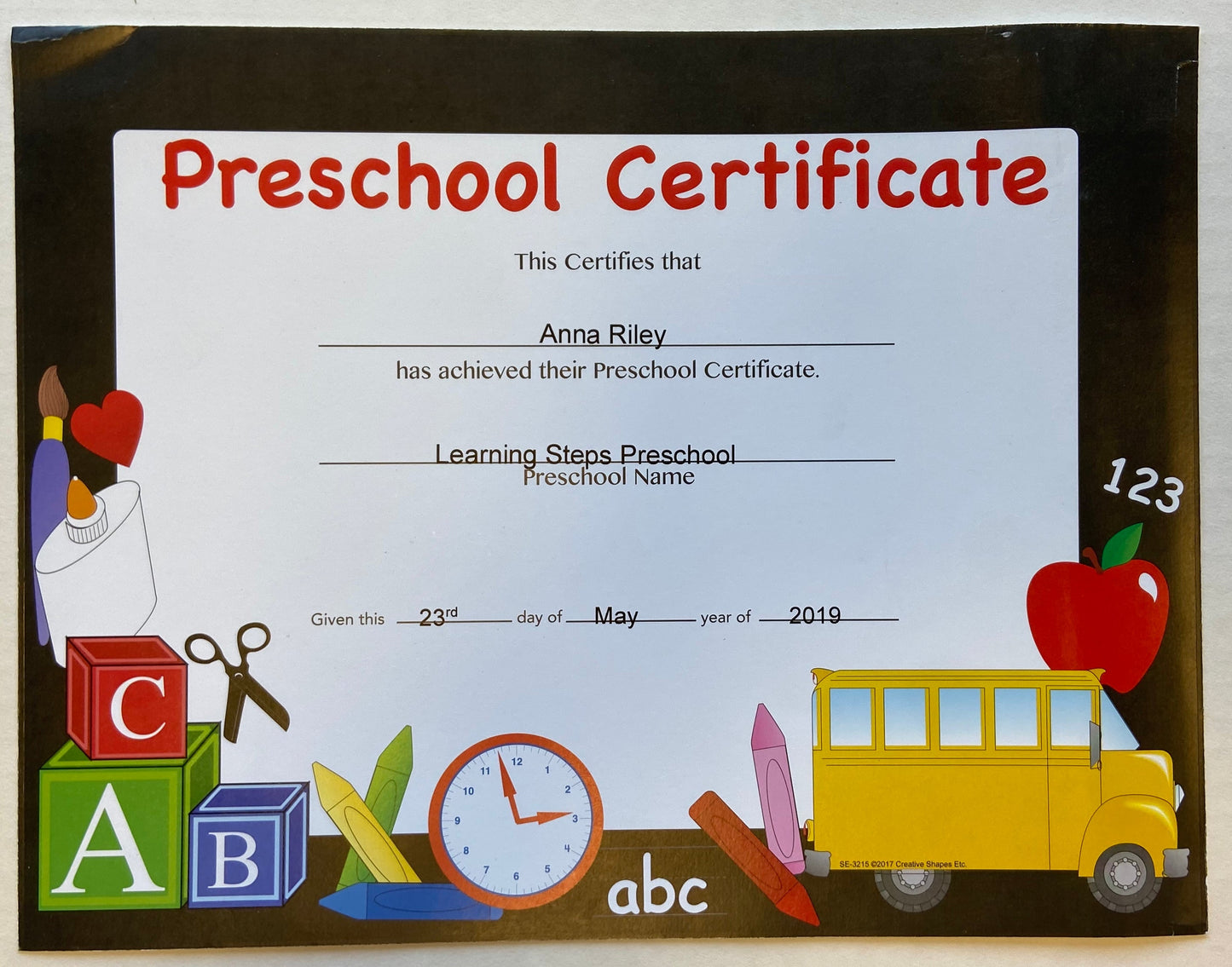 SHAPES ETC. Recognition Certificate - Preschool Certificate
